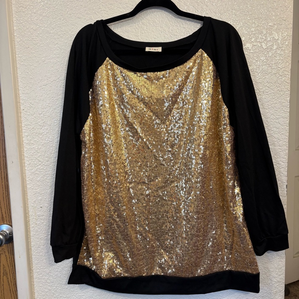 BIBI Black & Gold Sequin Top Women's‎ 2XL Raglan Long Sleeve